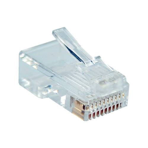 „Transparenter Kunststoff-RJ-45-Stecker für Ethernet-Kabel mit acht Metallkontakten für Kabelverbindungen und einer Verriegelung auf der Oberseite.