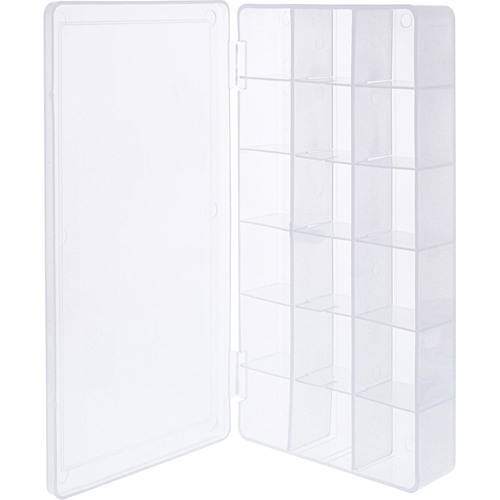 Eine klare Kunststoff-Aufbewahrungsbox mit offenem Deckel, die 15 Fächer in einem 3x5-Raster zeigt, geeignet zur Organización von kleinen Gegenständen.