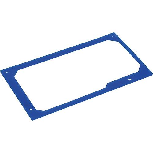 Eine blaue rechteckige Dichtung mit ausgeschnittenem Mittelteil, versehen mit Bohrungen in jeder Ecke zum Befestigen.