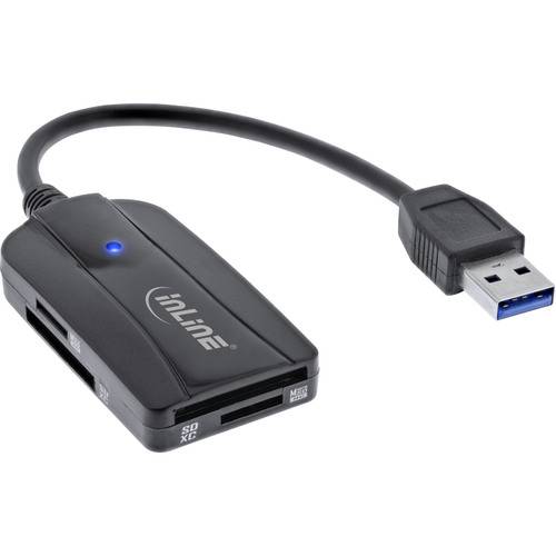 Ein schwarzer Multi-Kartenleser mit einem USB-Anschluss und mehreren Kartensteckplätzen für SD, microSD und mehr, der zur Datenübertragung an Computern verwendet wird.