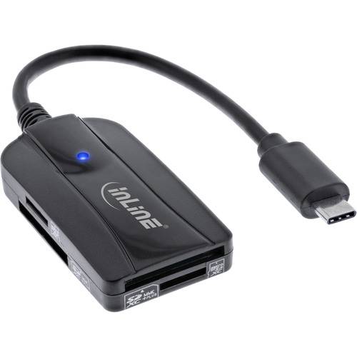 Schwarzer Multi-Kartenleser mit USB-C-Anschluss und LED-Indikatorleuchte, kompatibel mit verschiedenen Speicherkarten-Formaten.