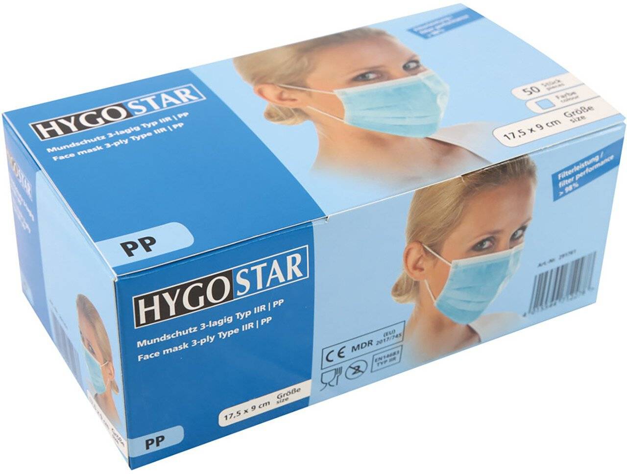 Hygostar Mundschutz PP, blau, Typ IIR, 3-lagig, Gummibänder, VPE: 50 Stück