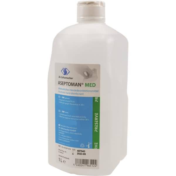 Flasche Aseptoman Med Handdesinfektionsmittel, eine weiße 1-Liter-Pumpflasche mit einem Produktetikett auf der Vorderseite.