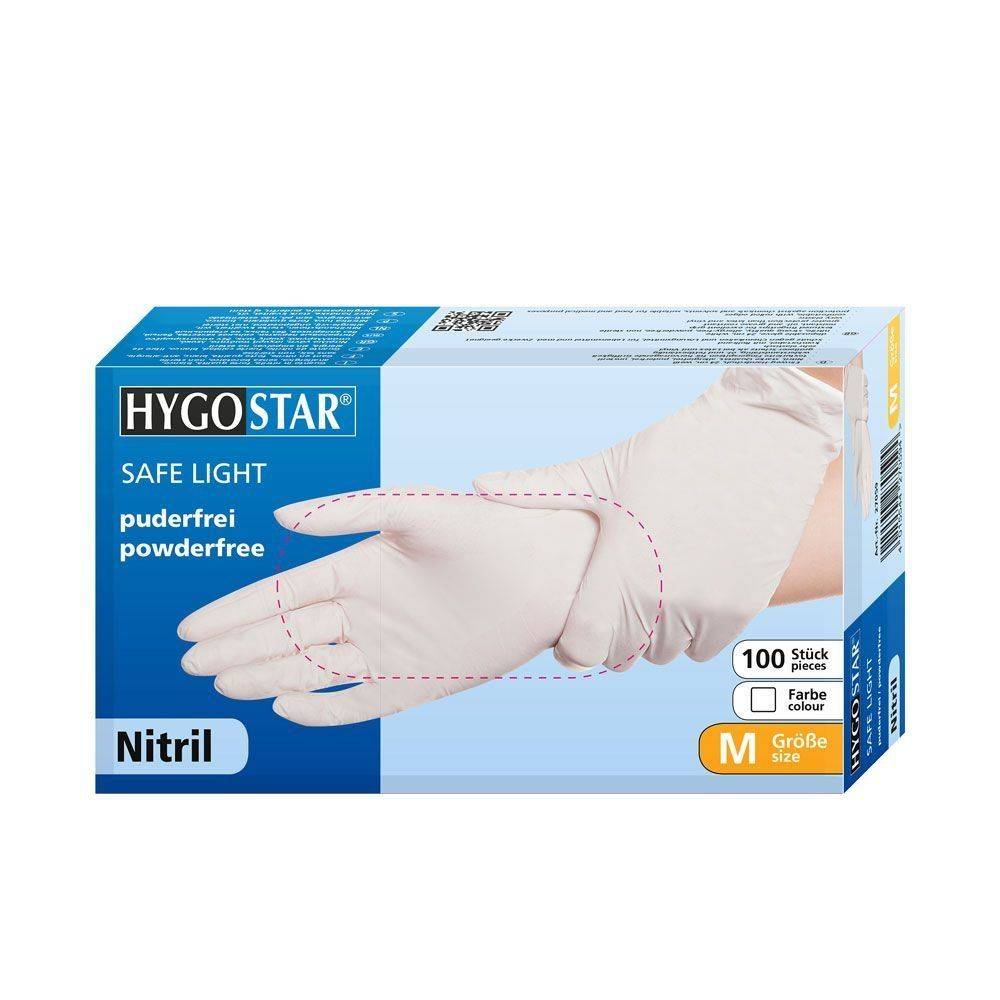 Hygostar Safe Light Nitril-Einweghandschuh puderfrei unsteril (100 Stk.) Farbe: Weiß, Gr. 8 (M)