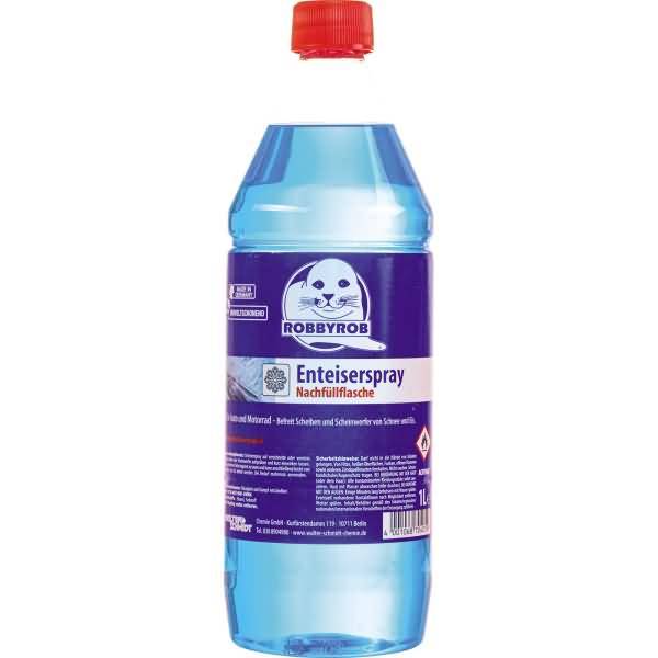 Blaue Kunststoff-Nachfüllflasche ROBBYROB 'Enteiserspray' mit roter Kappe, isoliert auf weißem Hintergrund dargestellt.