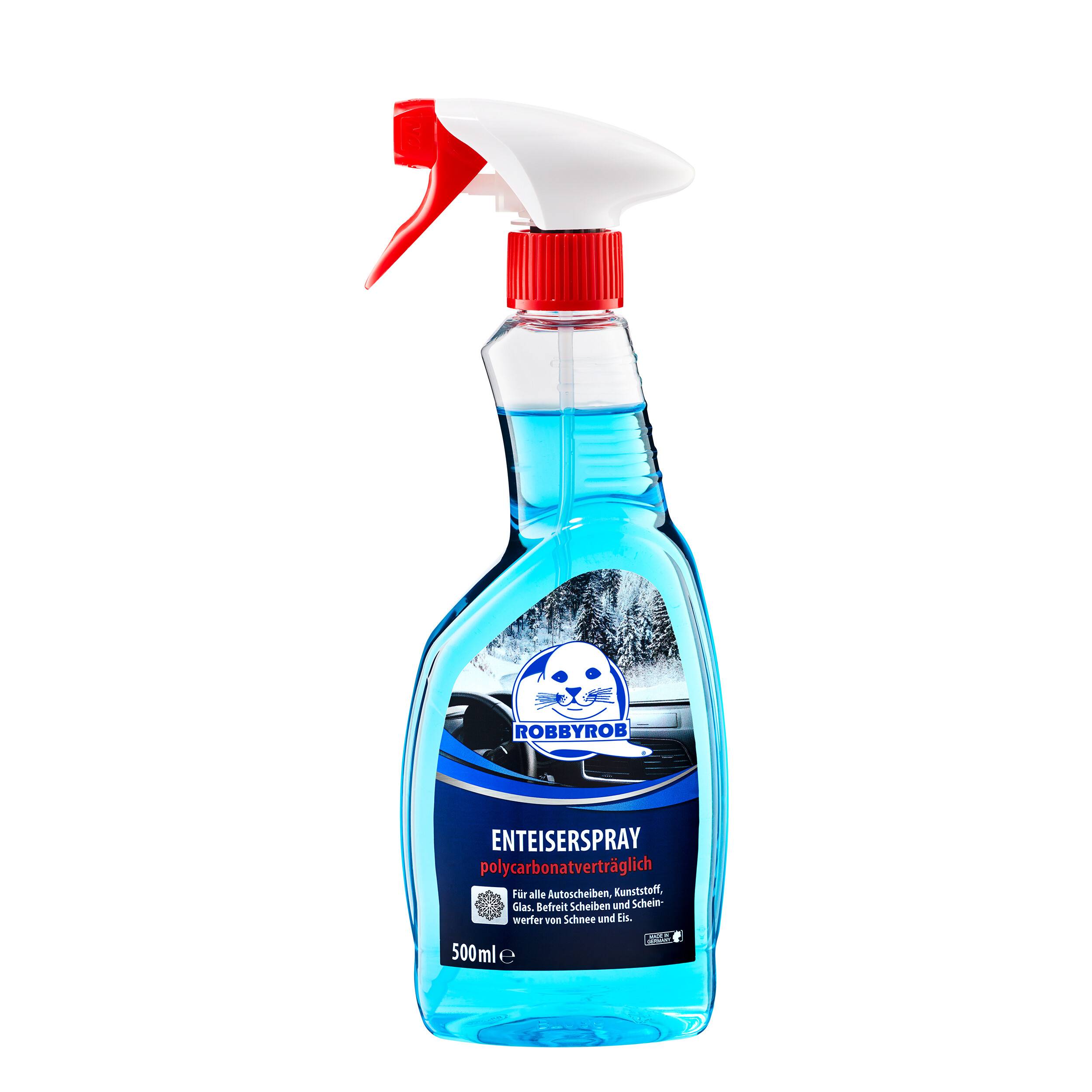 Blaue Sprühflasche mit 'ENTEISERSPRAY' und roter Auslösekappe, mit der Aufschrift 500 ml, zum Entfernen von Eis von Autofenstern und Schlössern.