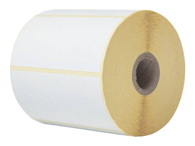 Rolle mit weißen Haftungsetiketten mit gelbem Träger, als Produkt auf weißem Hintergrund dargestellt.