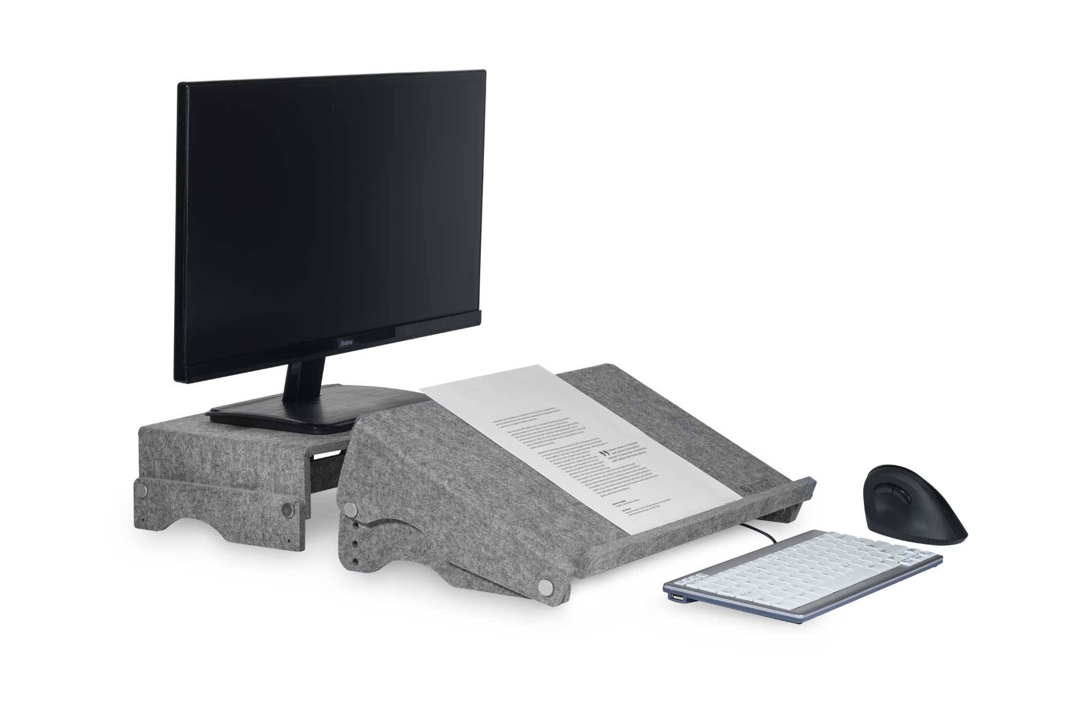 Verstellbarer grauer ergonomischer Monitor- und Laptop-Ständer mit separater Tastatur und Maus