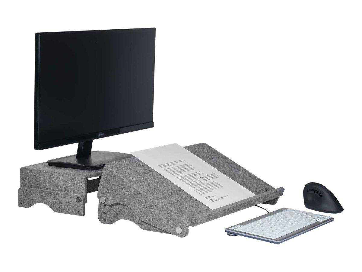 Computermonitor auf einem grauen ergonomischen Dokumentenständer, mit Tastatur und Maus daneben für einfachere Schreibtischtätigung und Eingabe.