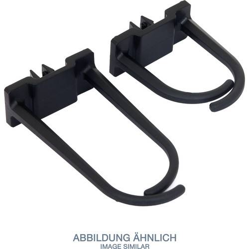 Zwei schwarze Kunststoffhaken auf quadratischen Basen, nebeneinander angeordnet, vor weißem Hintergrund. Der Text darunter lautet „ABBILDUNG ÄHNLICH IMAGE SIMILAR