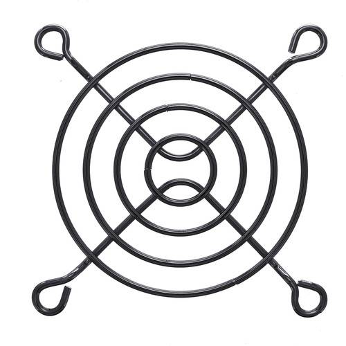 Ein Metallwire-Schutzgitter für Ventilatoren mit kreisförmigem Muster und vier Befestigungspunkten.