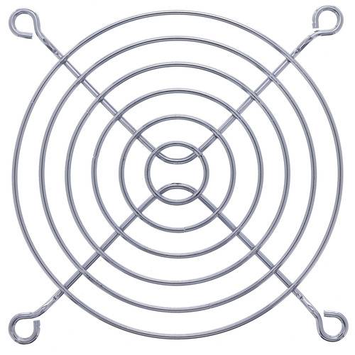 Kreisförmiger Metallventilatorschutzgitter mit konzentrischen Ringen und vier Schraubenlöchern an den Ecken, konzipiert zum Schutz von Elektromotoren.