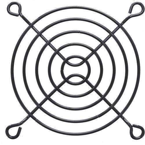 Ein Metallgitter-Lüfterschutz mit konzentrischen Kreisringen und vier Befestigungslöchern an jeder Ecke zur Anbringung an Oberflächen.