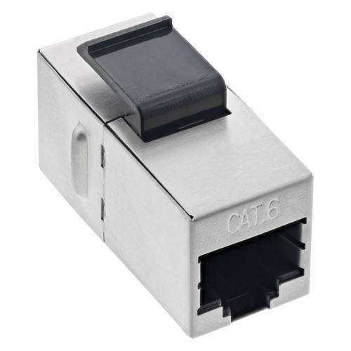 Ein silberner CAT 6 Ethernet-Keystone-Steckverbinder mit schwarzem Clip.