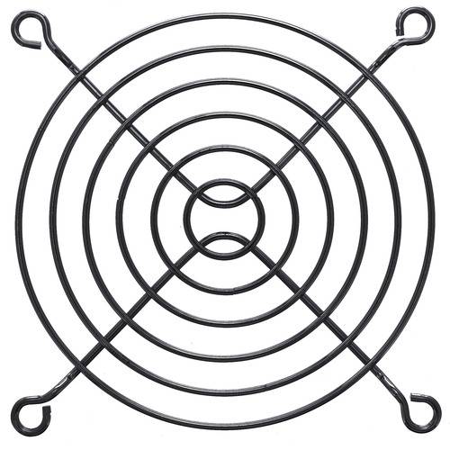 Ein rundes Metallschutzgitter für Ventilatoren mit konzentrischen Kreisringen und vier Befestigungspunkten an den Enden.
