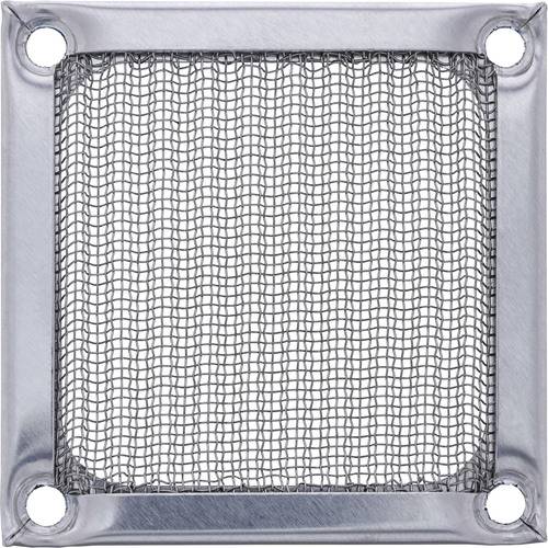 Ein quadratisches Metallgitter-Lüftungsgitter mit silbernem Rahmen und vier Schraubenlöchern in den Ecken, entworfen für Lüftungszwecke.