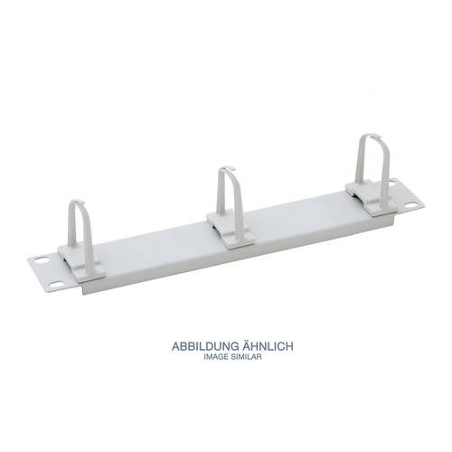 Drei weiße Kabelmanagement-Ringe, die auf einer flachen Metallplatte montiert sind. Zwei Ringe befinden sich an den Enden und einer in der Mitte.