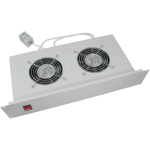Gehäusekühlgebläse mit zwei Lüftern, einem Netzschalter und angeschlossener elektronischer Steuerbox.
