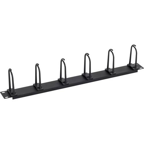 Ein schwarzes horizontales Kabelmanagement-Panel mit fünf U-förmigen Klammern zur Kabelorganisation, typischerweise in Server-Racks verwendet.