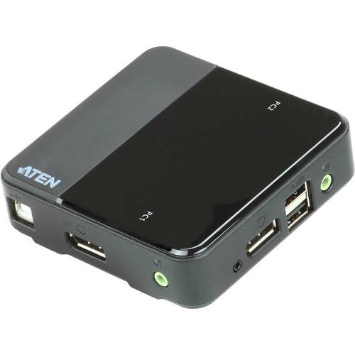 Ein kleiner schwarzer ATEN USB-Schalter mit zwei USB-Anschlüssen, HDMI-Anschluss und Audio-Buchsen, entwickelt zum Verbinden mehrerer Geräte mit einem Monitor.