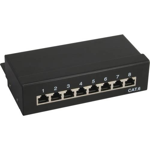 Ein schwarzer CAT.6-Netzwerk-Switch mit acht Ethernet-Ports, die jeweils von 1 bis 8 nummeriert sind.