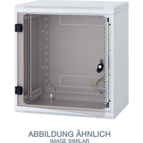 Weißes, wandmontiertes Serverrack mit offener Vordertür und Schlüsselschloss, das einen leeren Innenraum zur Geräteinstallation zeigt.