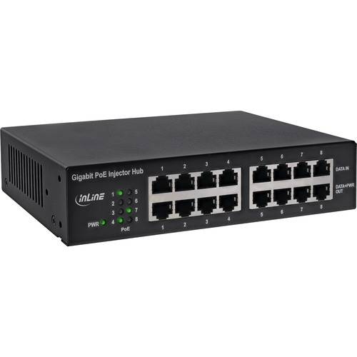 Gigabit PoE Injector Hub' mit 12 Ethernet-Ports, die auf dem Frontpanel von 1 bis 12 beschriftet sind und die Fähigkeiten zur Strom- und Datenübertragung anzeigen.