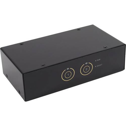 Eine schwarze elektronische Schaltbox mit zwei beschrifteten runden Tasten, „1