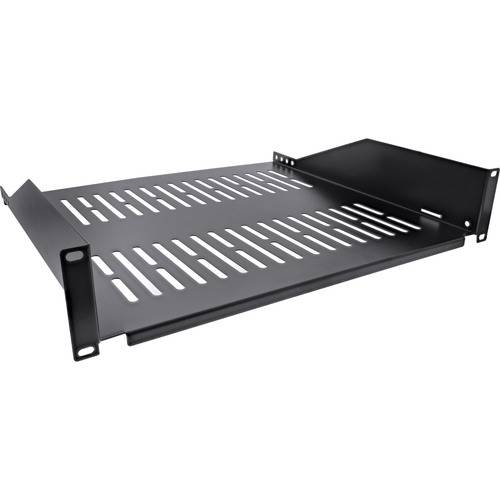 Ein schwarzes, belüftetes Serverrack-Regal mit Befestigungswinkeln für die Montage von Geräten in Server- oder Netzwerkschränken.