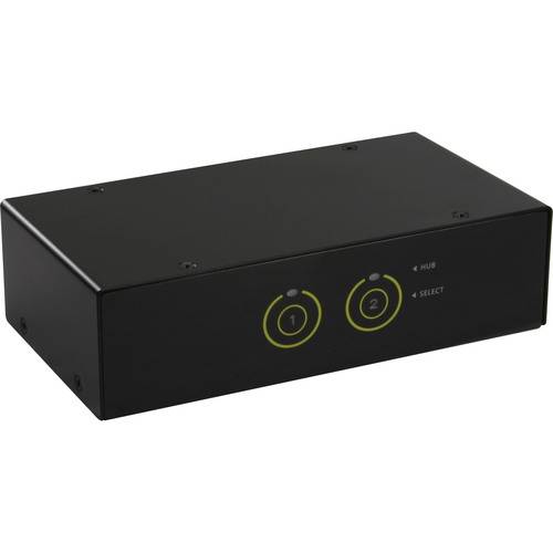Eine schwarze elektronische Schalterbox mit zwei beleuchteten Tasten mit den Bezeichnungen „1