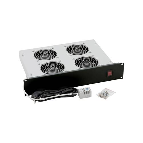 Kühlgerät für Rackmontagr mit vier Lüftern, Stromkabel und Schalter, konzipiert für die Elektronikkühlung, einschließlich Montagezubehör und Luftfilter.