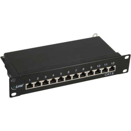 Ein schwarzes CAT.6-Netzwerk-Patchfeld mit 12 nummerierten Ethernet-Anschlüssen, das zur Organisation von Kabeln in einem Netzwerk-Setup verwendet wird.