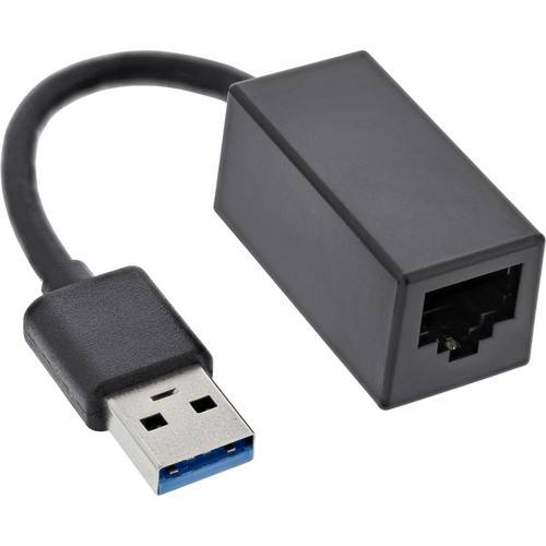 Ein USB-zu-Ethernet-Adapter mit schwarzem Kabel und Stecker, konzipiert, um einen USB-Anschluss mit einem Ethernet-Netzwerk für Internetzugang zu verbinden.