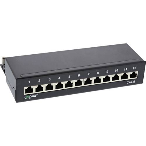 Ein schwarzes 12-Port Cat.6 Ethernet-Patchfeld mit nummerierten Anschlüssen 1 bis 12, das zur Verwaltung und Organisation von Netzwerkkabeln verwendet wird.