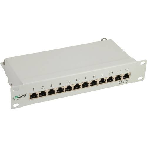 Ein 12-Port CAT.6 Netzwerk-Patchpanel mit nummerierten Ethernet-Anschlüssen, verwendet zur Verwaltung und Organisation von Netzwerkkabelverbindungen.