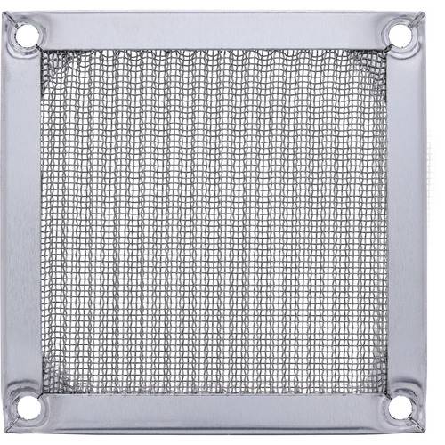 Ein quadratischer Metallgitterfilter mit stabilem Rahmen und vier Befestigungslöchern, konzipiert für Belüftung oder Schutz in mechanischen Systemen.
