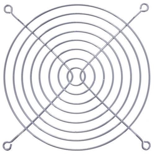 Ein Metallventilatorschutzgitter mit konzentrischen Kreisdrähten und vier Befestigungsschlaufen an den Ecken, entwickelt für Sicherheit und Schutz.