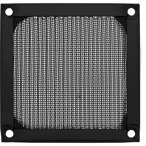 Ein schwarzer quadratischer Lüfterfilter mit Maschengitter in der Mitte, eingefasst in einem Rahmen mit vier Schraubenlöchern, wird verwendet, um zu verhindern, dass Staub in elektronische Geräte eindringt.