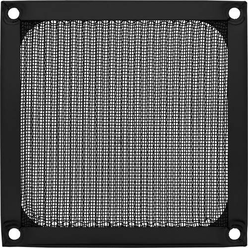 Ein quadratisches schwarzes Metallgittergitter, wahrscheinlich als Lüfterschutz für Computer verwendet, mit runden Befestigungslöchern an jeder Ecke.