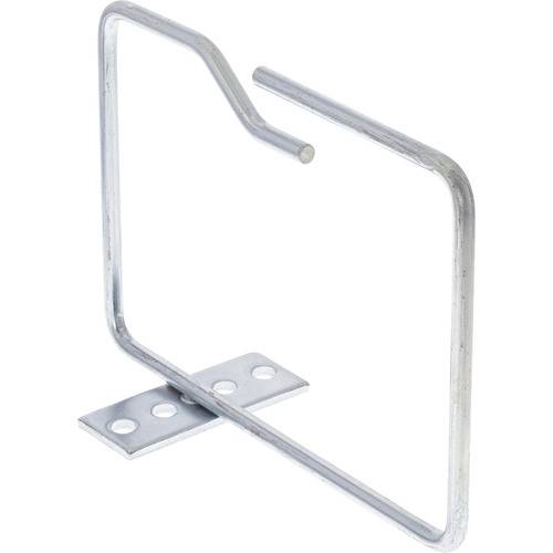 Eine Metalldrachtklammer mit rechteckiger Form und Montagebasis mit zwei Löchern, wahrscheinlich zum Halten oder Organisieren von Objekten.