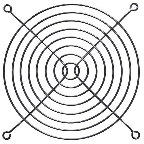 Ein Metallschutzgitter für Ventilatoren mit konzentrischen Kreisen und Querstegen, das zum Schutz vor rotierenden Ventilatorblättern ausgelegt ist.