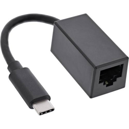 Ein schwarzer USB-C-zu-Ethernet-Adapter mit einem kurzen Kabel, mit einem USB-C-Anschluss auf der einen Seite und einem Ethernet-Anschluss auf der anderen Seite.