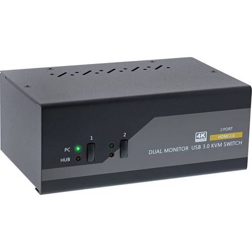 Dual Monitor USB 3.0 KVM Switch' mit 4K und HDMI 2.0 Unterstützung, mit zwei Anschlüssen und Anzeigelichtern für PC und Hub.