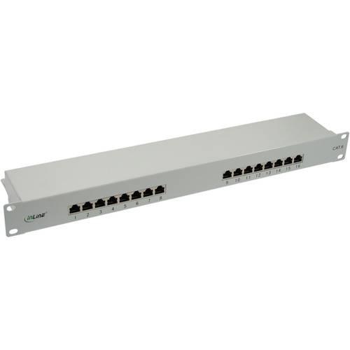 Patchpanel mit 12 CAT6-Ethernet-Anschlüssen, beschriftet von 1 bis 12, auf einem rackmontierbaren Metallrahmen.
