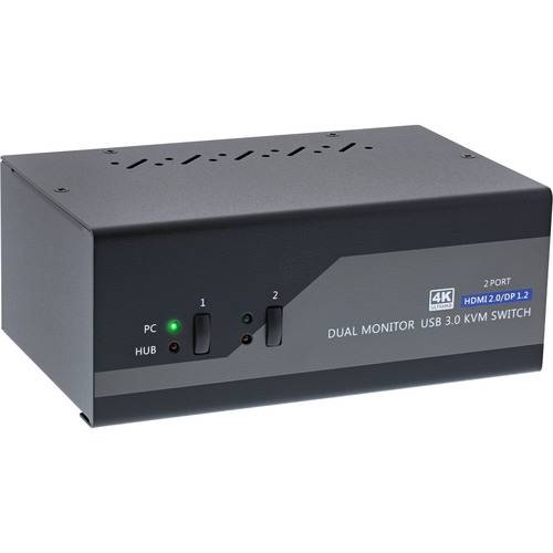 Ein 2-Port-Dual-Monitor-USB-3.0-KVM-Switch mit HDMI-2.0-/DP-1.2-Unterstützung, mit einer 4K-Bezeichnung und Schaltflächen zur Auswahl von PC und HUB.