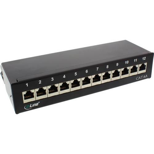12-Port-CAT-6A-Netzwerk-Patchfeld mit nummerierten Ethernet-Anschlüssen, gekennzeichnet als inLine, zur Organisation und Verbindung von Netzwerkkabeln.