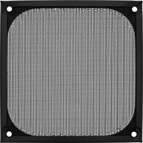 Ein schwarzes Maschengewebe mit je vier Ösenöffnungen in den vier Ecken zum Befestigen oder Montieren. Das Maschengewebe ermöglicht Luftzirkulation, während es den Blick teilweise blockiert.