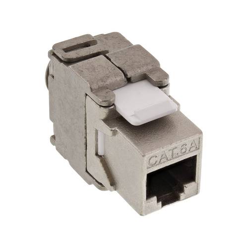 Ein Metall Cat 6A Keystone Jack Steckverbinder, typischerweise für Ethernet-Netzwerk verwendet, in einer Nahaufnahme dargestellt.