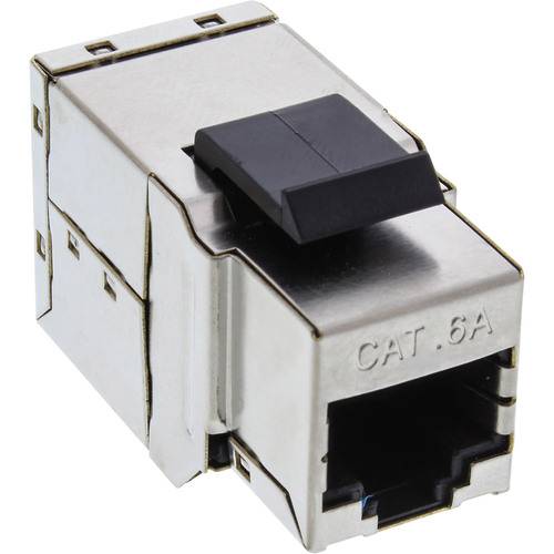 Ein Metall Cat 6A Ethernet Keystone-Anschluss mit schwarzer Verriegelung.