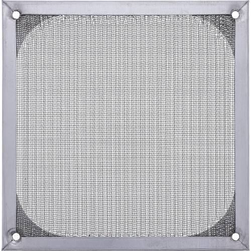 Ein quadratisches Metallmaschensieb mit silbernem Rahmen.